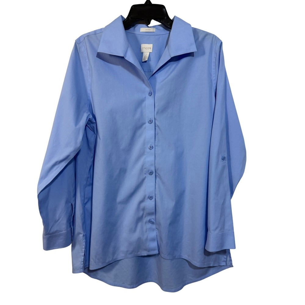 Chico's No-Iron Button Down Shirt Women Size 2 Blue Long Sleeve High Low Blouse